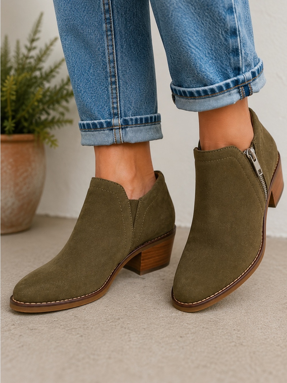 XENA Steel Toe Stylish Olive Green Suede Work Boots | Size 8